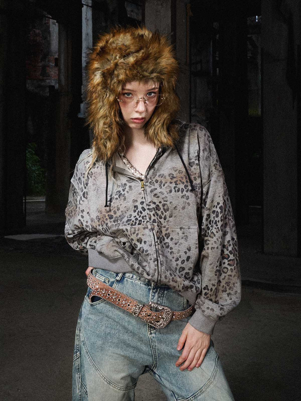 Streetwear Leopard Print Boxy Fit Zip Hoodie