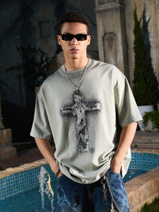 Supermade Distressed Rebellious Gun and Cross Print T-Shirt 