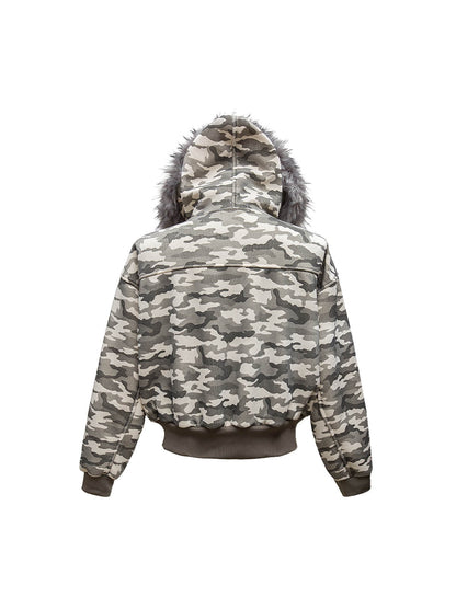 Camouflage Spliced Fur Hooded Fleece Jacket - 2262 
