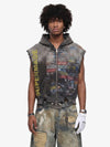 Distressed Multi-Label Graphic Sleeveless Zip Hoodie