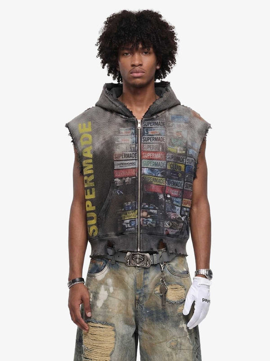 Distressed Multi-Label Graphic Sleeveless Zip Hoodie