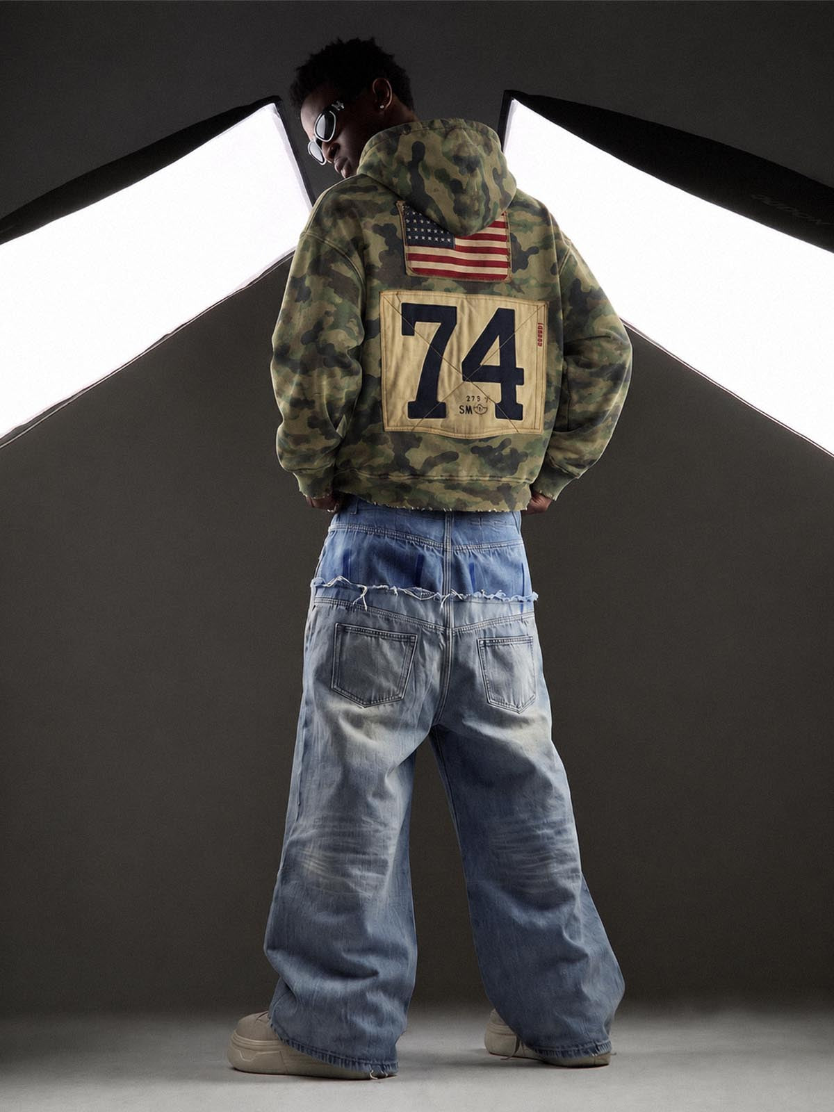 Camo Letter Graphic Distressed Zip-Up Hoodie