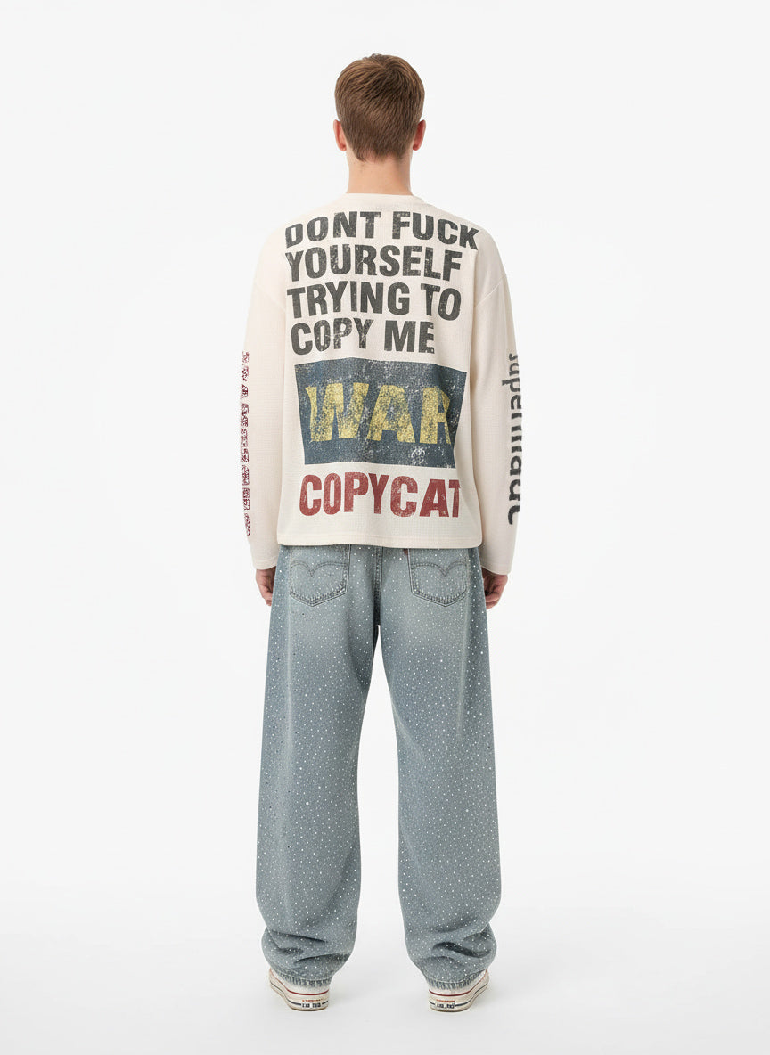 Waffle Knit Graphic Print Crewneck Sweatshirt - 2496 