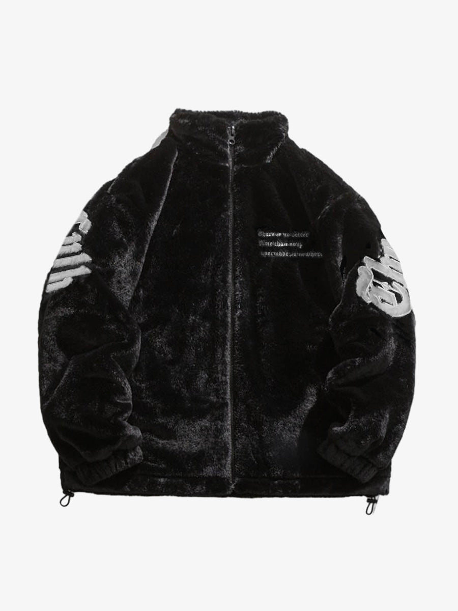 Thesupermade Street Letter Embroidered Fleece Jacket - 1838; Black / S, Black / M, Black / L, Black / XL, Black / 2XL, Black / 3XL
