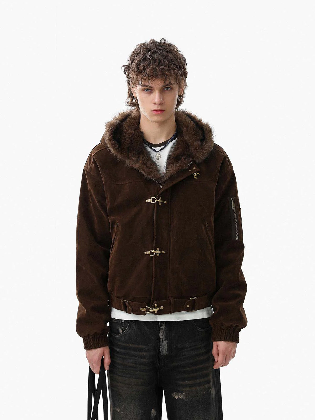 Streetwear Metal Clip Faux Fur Hooded Suede Bomber Jacket - 2597