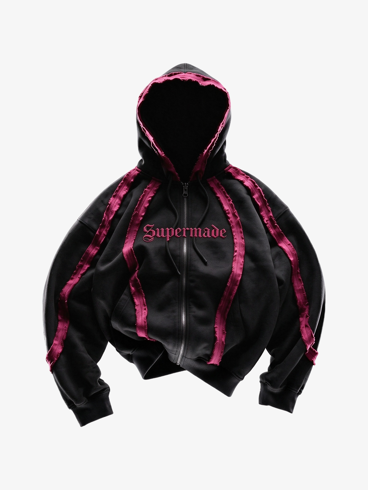 Pink Contrast Stripe Zip Hoodie & Curved-Leg Pants Set