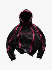 Pink Contrast Stripe Zip Hoodie & Curved-Leg Pants Set