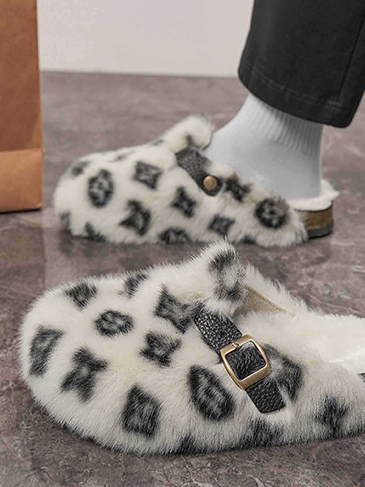 Abstract Spotted Faux Fur Buckle Clogs