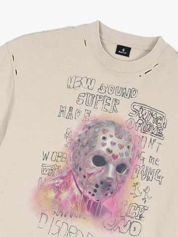 Distressed Heart Cutout Skull Mask Graphic T-Shirt 