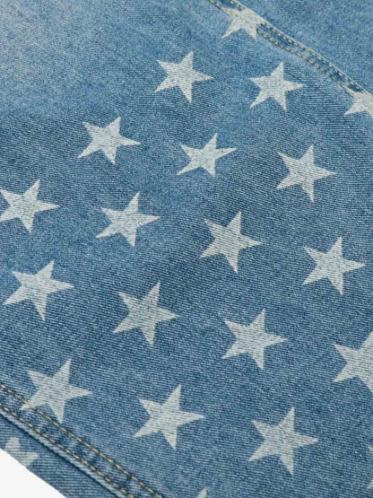 Denim Star-Print Wide-Leg Crop Pants with High Waist and Front Zipper Closure 