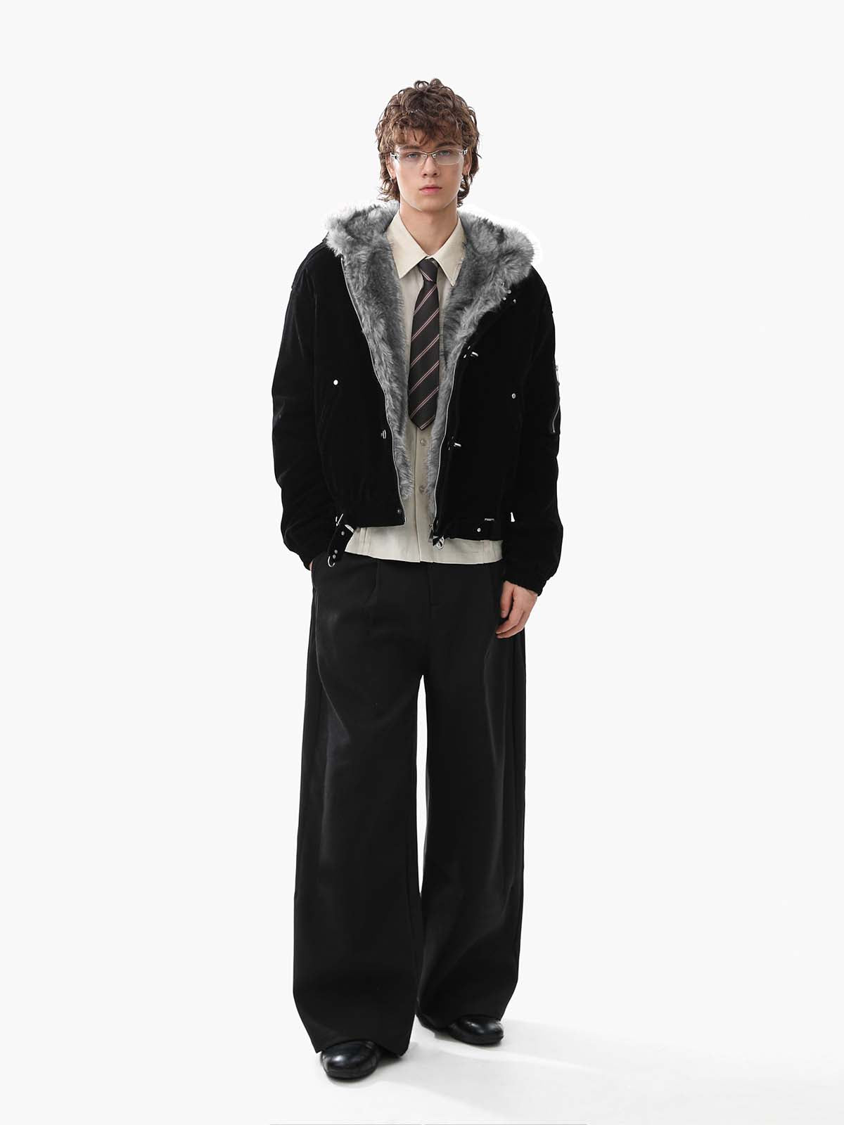 Retro Fur Collar Suede Toggle Closure Padded Bomber Jacket 