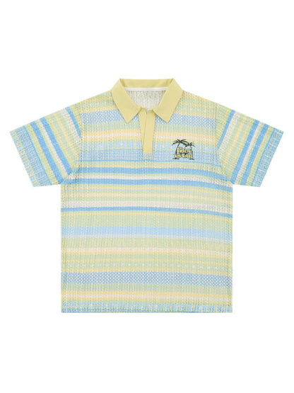 Retro Gradient Striped Hollow POLO Shirt 
