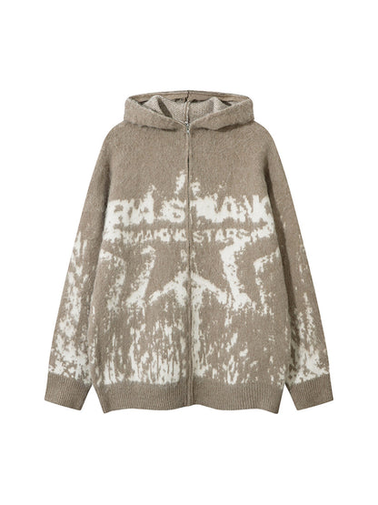 Thesupermade Star Mohair Fuzzy Hooded Zip Up Sweater 