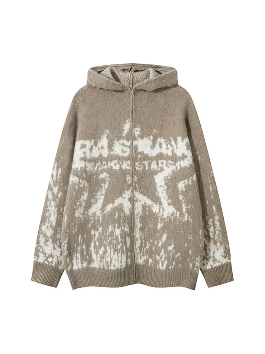Thesupermade Star Mohair Fuzzy Hooded Zip Up Sweater 