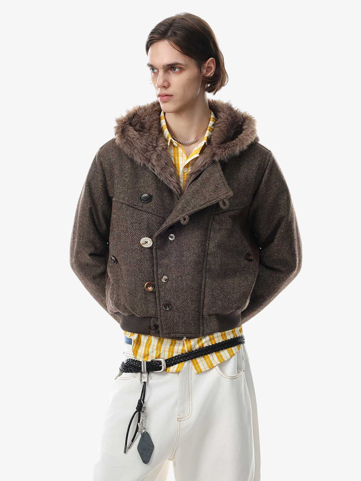 Faux-Fur Lined Asymmetric Button Hooded Coat