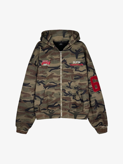 Camouflage Print Boxy Zip-Up Hoodie