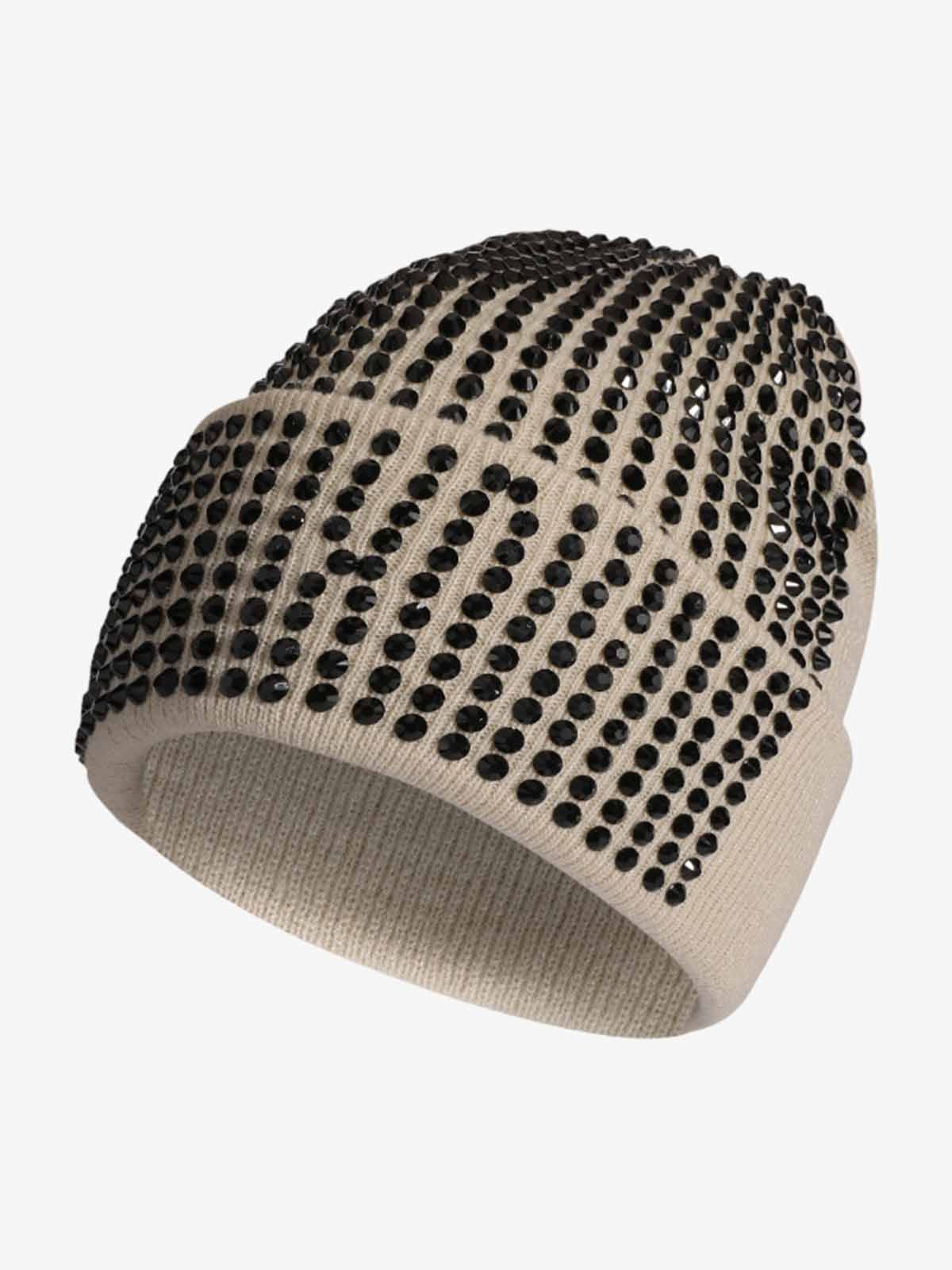 Rhinestone Embellished Ribbed Knit Beanie Hat 