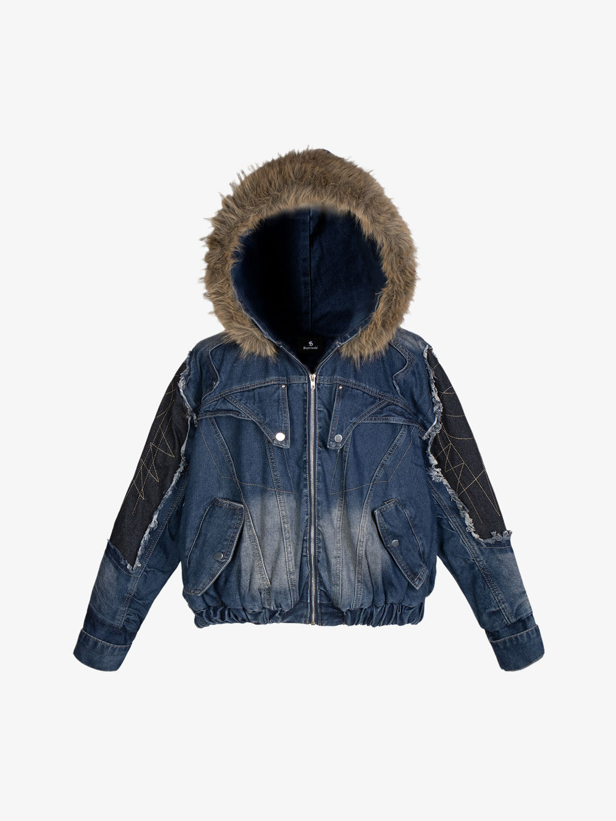 Patchwork Distressed Faux-Fur Collar Denim Jacket