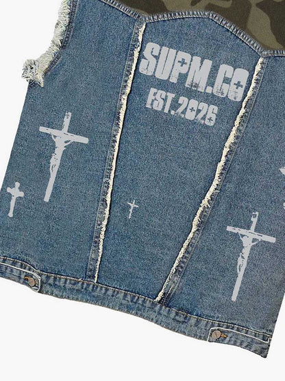 thesupermade-Denim Sleeveless Vest with Camouflage Patchwork and  Ripped Details ，cross pattern printing technology 