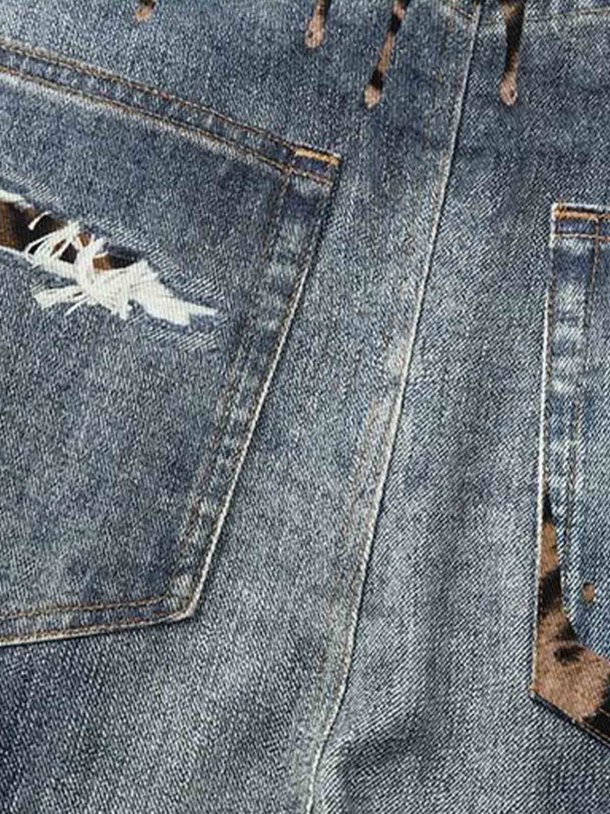 Denim Wide Leg Jeans with Tiger Print Patchwork and Ripped Details 