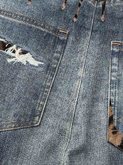 Denim Wide Leg Jeans with Tiger Print Patchwork and Ripped Details 
