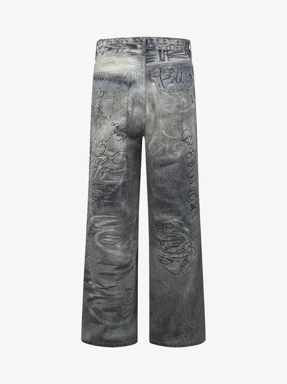 Vintage Graffiti Scribble Wash Straight Leg Jeans 