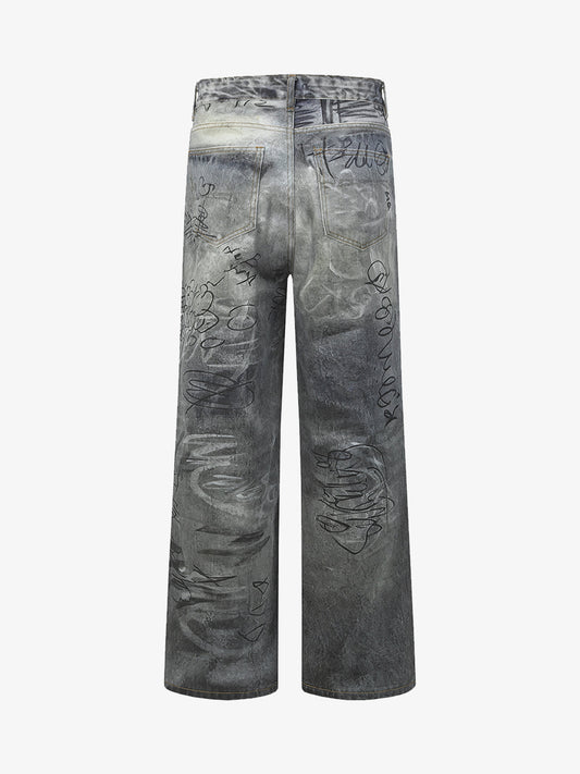 Vintage Graffiti Scribble Wash Straight Leg Jeans 