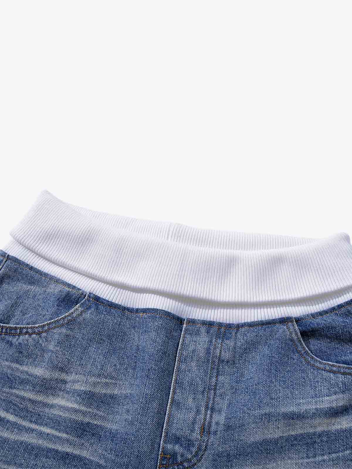 Ribbed Folded Waist Floral Embroidery Baggy Barrel Jeans