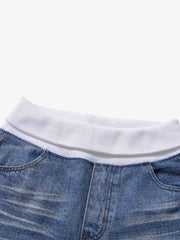 Ribbed Folded Waist Floral Embroidery Baggy Barrel Jeans