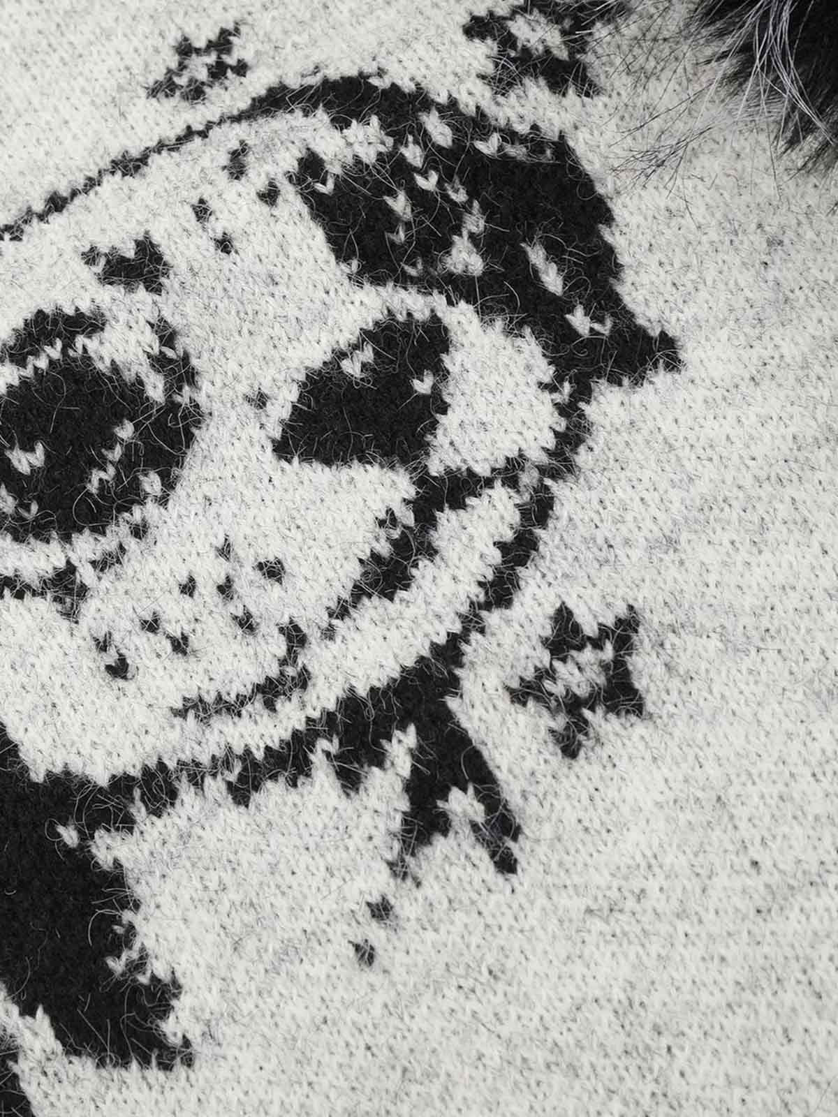 Cartoon Puppy Jacquard Faux-Fur Collar Knit Sweater