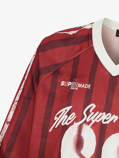 Retro Striped 88 Print Graphic Jersey Long-Sleeved T-Shirt 