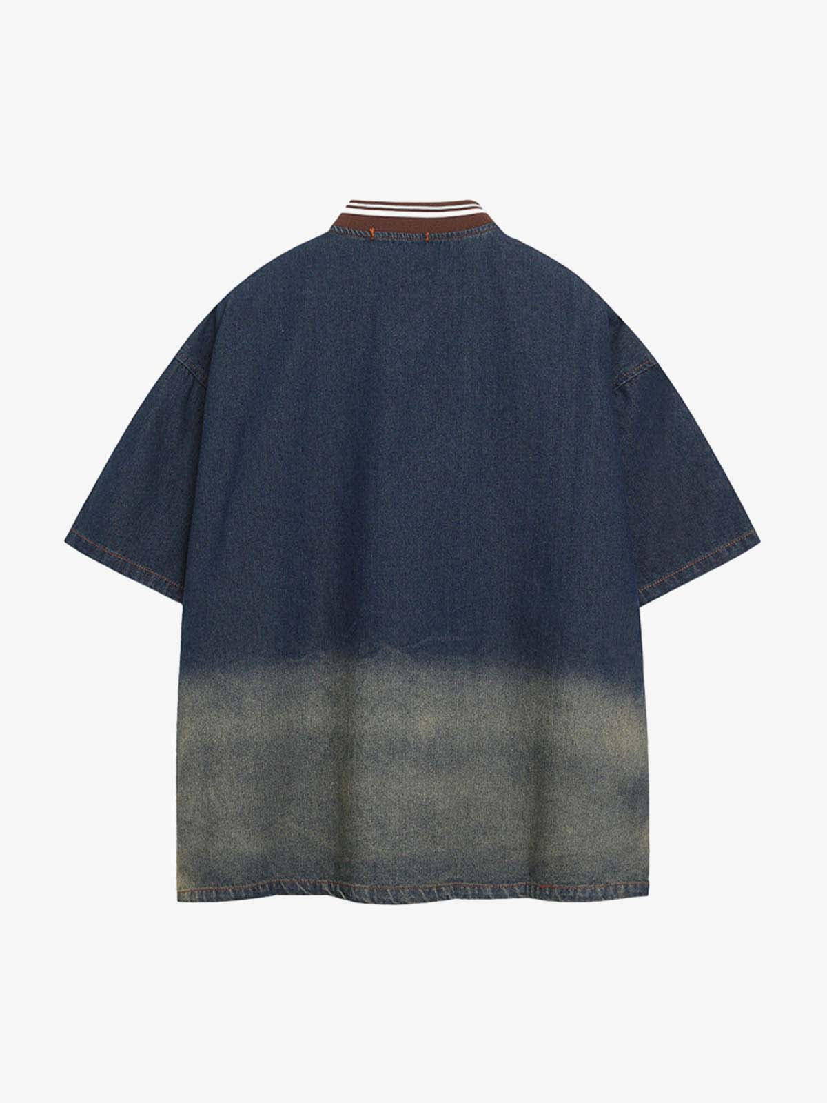 Denim Vintage Washed Distressed Gradient Embroidery T-Shirt 
