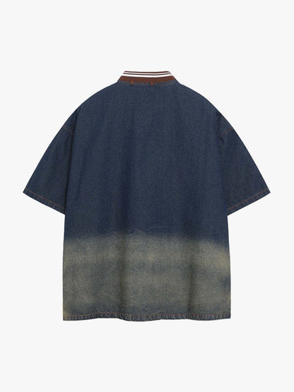 Denim Vintage Washed Distressed Gradient Embroidery T-Shirt 