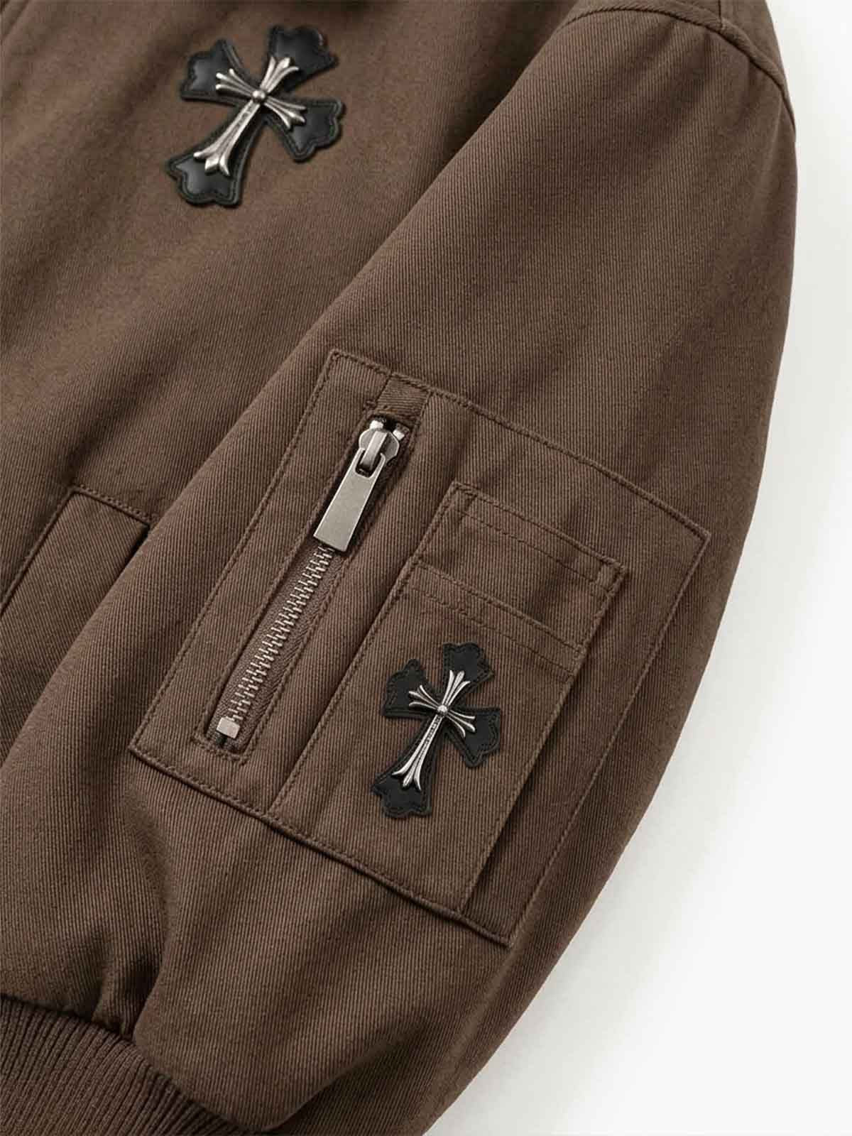 Embroidered Faux-Fur Collar Oversized Distressed Bomber Jacket