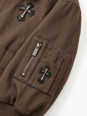 Embroidered Faux-Fur Collar Oversized Distressed Bomber Jacket