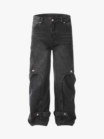 Washed Distressed Deconstructed Split Work Jeans 