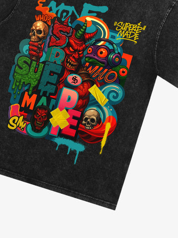 Trendy Multicolor Graffiti Skull Graphic T-Shirt 