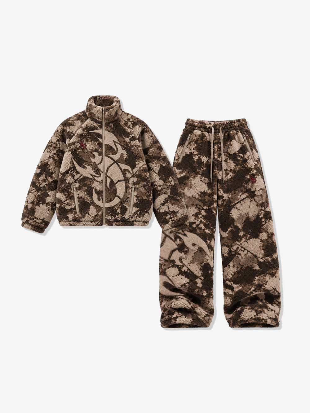 All-Over Print Embroidered Fleece Zip-Up Jacket & Pants Set
