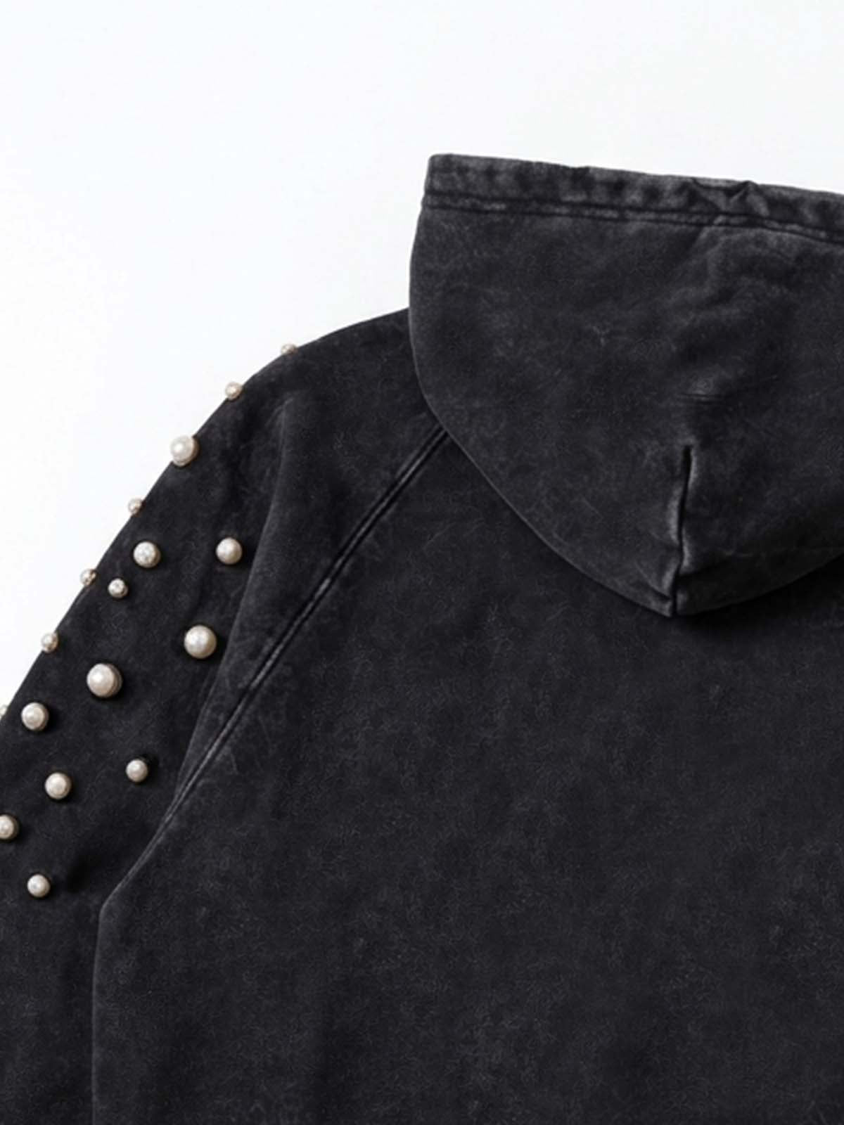Pearl Studded Washed Distressed Cropped Hoodie