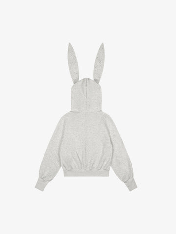 Rhinestone Bunny Ear Cropped Zip-Up Hoodie