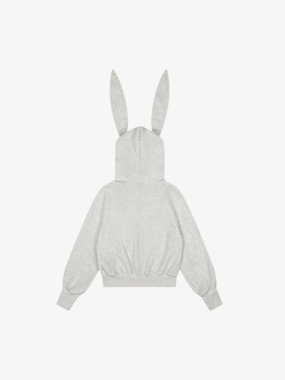 Rhinestone Bunny Ear Cropped Zip-Up Hoodie