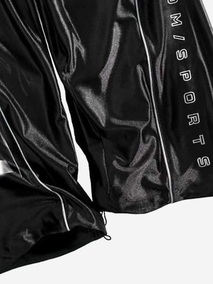 Glossy Silver-Grey Patchwork Double-Waist Track Pants