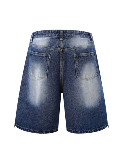 Distressed Washed Workwear Denim Shirt And Jorts Set 
