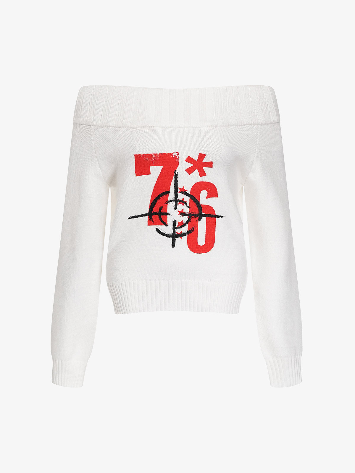 "76" Print Off-Shoulder Sweater