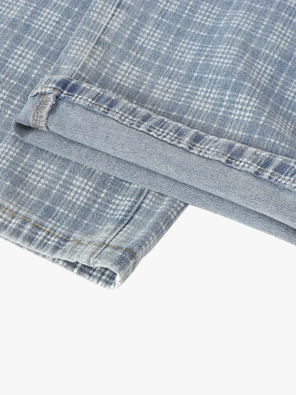 Vintage Washed Distressed Plaid Straight Jeans 
