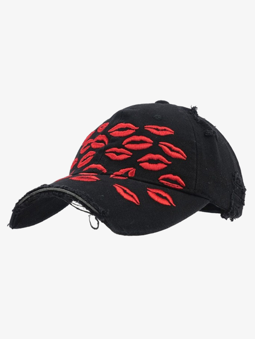 Red Lip Embroidery Distressed Baseball Cap 