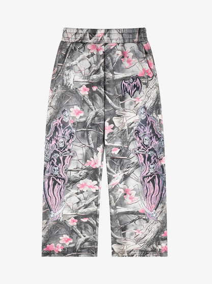 Gothic Devil Graphic Fleece-Lined Wide-Leg Sweatpants 