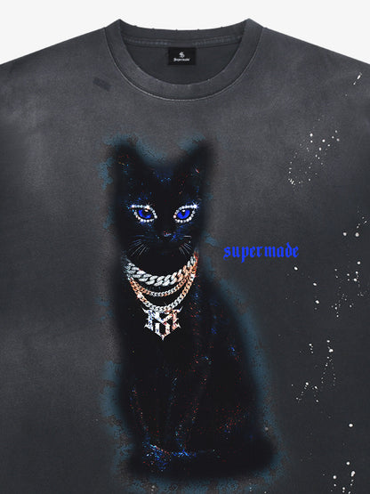 Cotton Black Cat Graphic T-Shirt with Chain Print and Splatter Design 