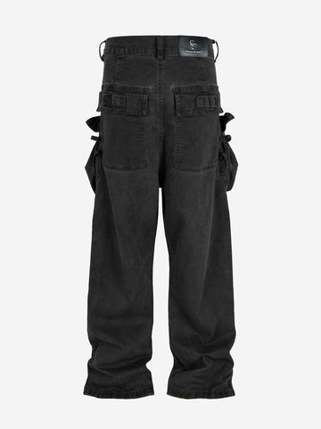 Scorpion-Embossed Multi-Pocket Distressed Cargo Jeans