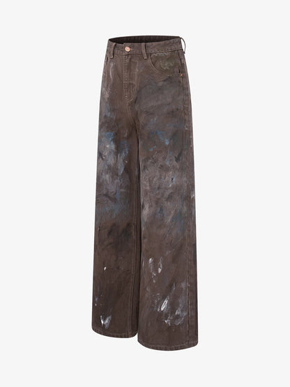 Retro Graffiti Painted Distressed Wide-Leg Jeans 